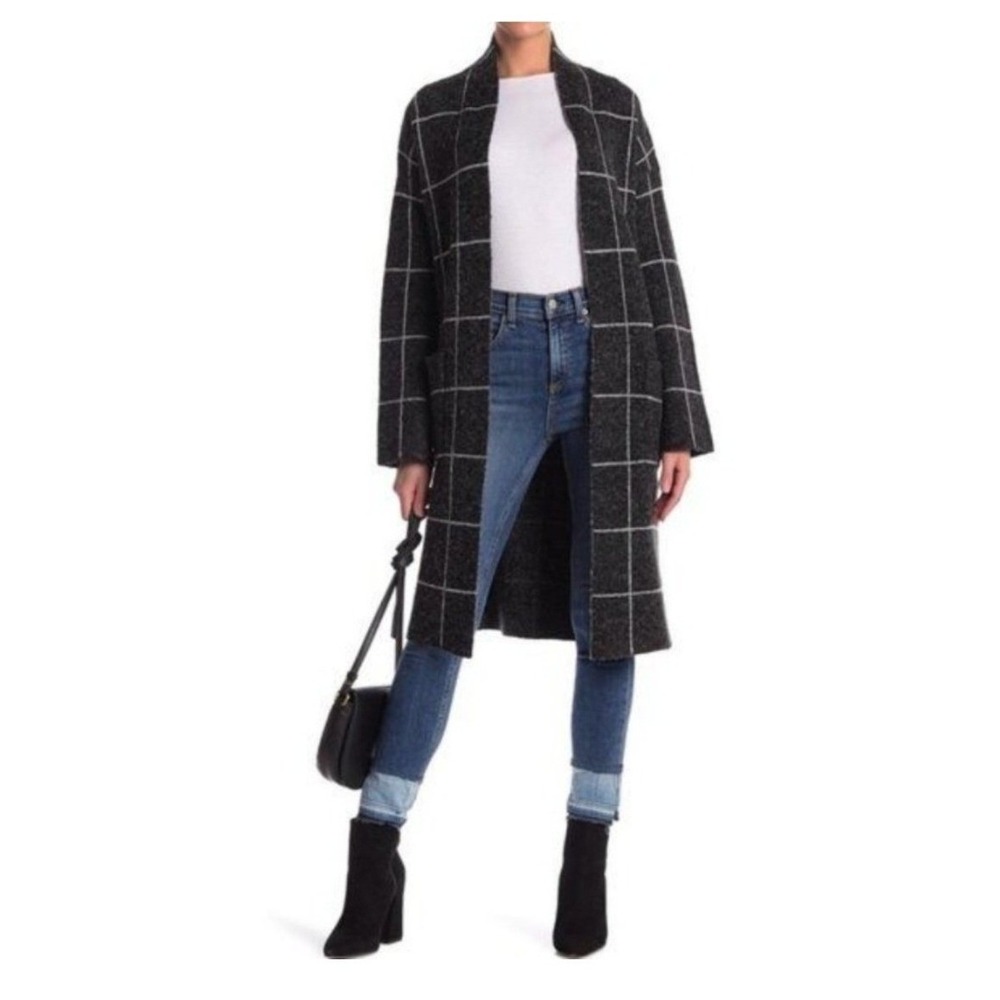 Cyrus Womens Cardigan Sweater Size M Gray Windowpane Plaid Open Front Long Fall